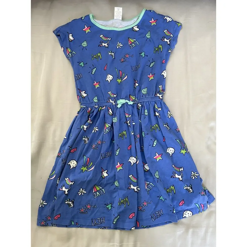 Gymboree Blue Dress with unicorns and cats rainbows size 7/8